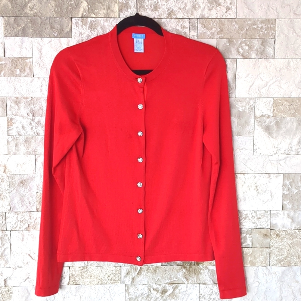 U Knit Button Down Red Sweater Cardigan, Small, Rhinestone Buttons, 90's Bling